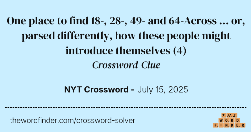 One place to find 18-, 28-, 49- and 64-Across ... or, parsed differently, how these people might introduce themselves crossword clue image