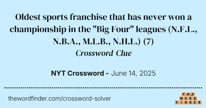 Oldest sports franchise that has never won a championship in the "Big Four" leagues (N.F.L., N.B.A., M.L.B., N.H.L.) crossword clue image