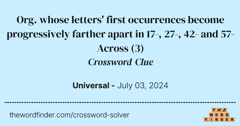 Org. whose letters' first occurrences become progressively farther apart in 17-, 27-, 42- and 57-Across crossword clue image