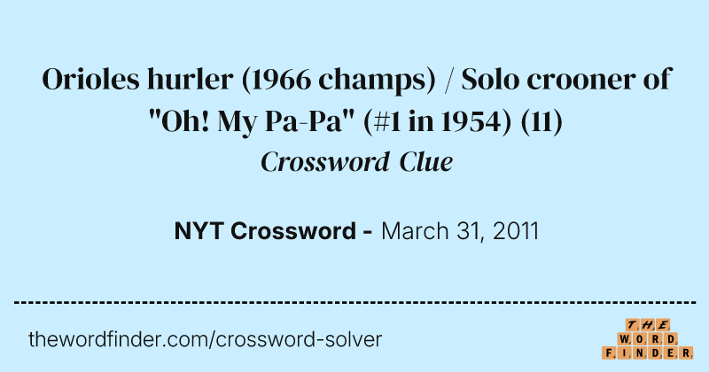 Orioles hurler (1966 champs) / Solo crooner of "Oh! My Pa-Pa" (#1 in 1954) crossword clue image