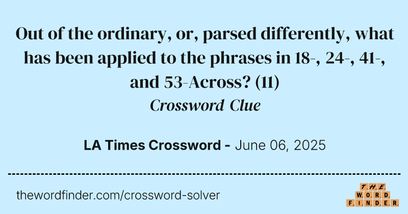 Out of the ordinary, or, parsed differently, what has been applied to the phrases in 18-, 24-, 41-, and 53-Across? crossword clue image