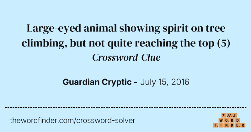 Large-eyed animal showing spirit on tree climbing, but not quite reaching the top crossword clue image