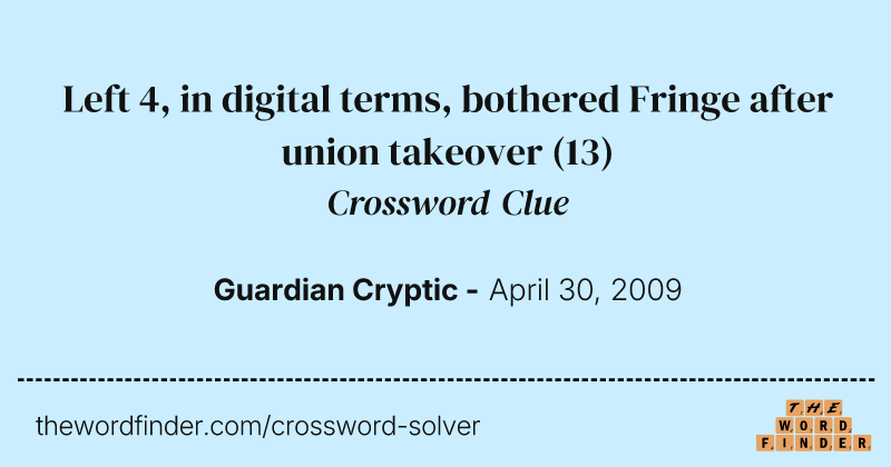 Left 4, in digital terms, bothered Fringe after union takeover crossword clue image