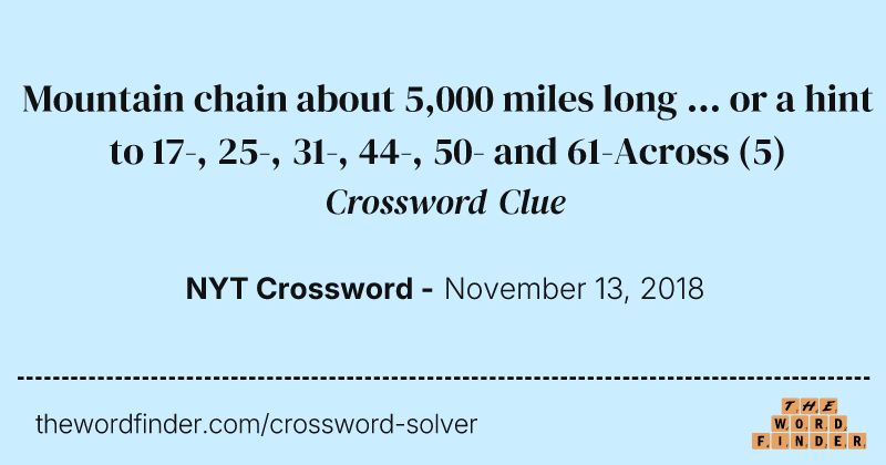 Mountain chain about 5,000 miles long ... or a hint to 17-, 25-, 31-, 44-, 50- and 61-Across crossword clue image
