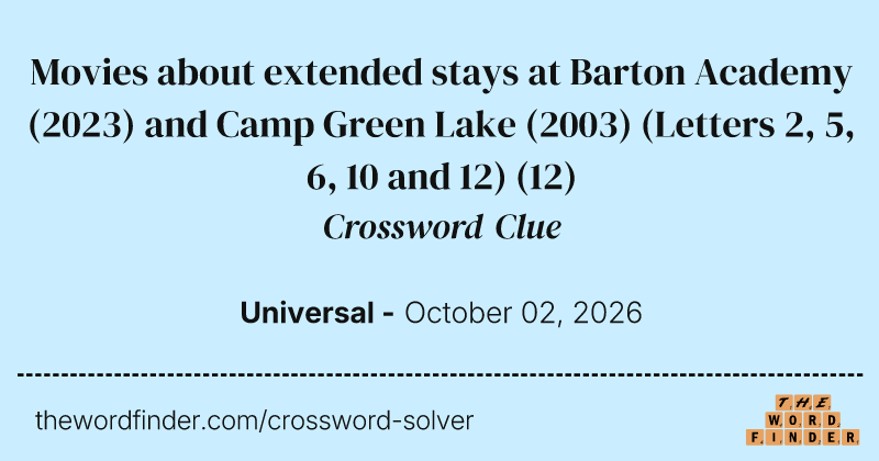Movies about extended stays at Barton Academy (2023) and Camp Green Lake (2003) (Letters 2, 5, 6, 10 and 12) crossword clue image