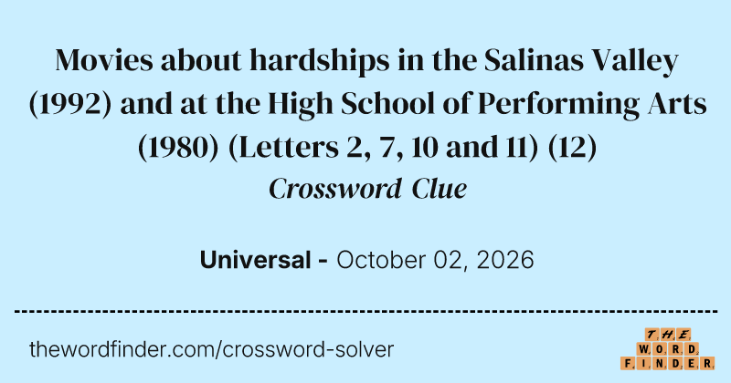 Movies about hardships in the Salinas Valley (1992) and at the High School of Performing Arts (1980) (Letters 2, 7, 10 and 11) crossword clue image