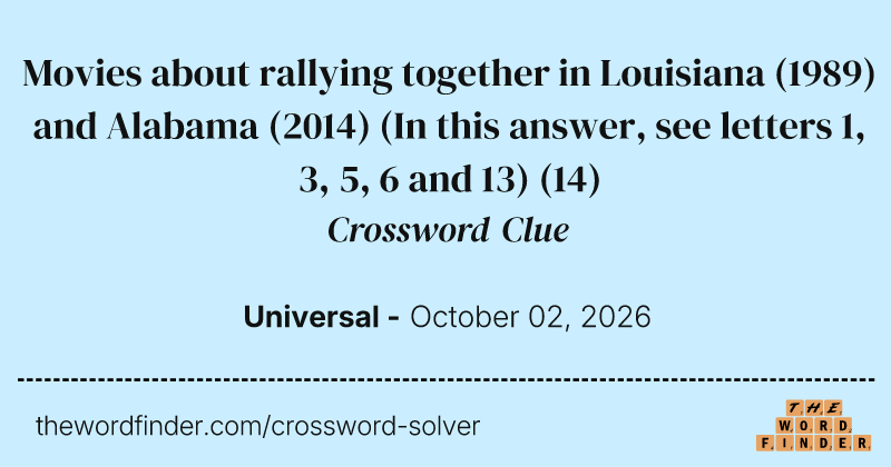 Movies about rallying together in Louisiana (1989) and Alabama (2014) (In this answer, see letters 1, 3, 5, 6 and 13) crossword clue image