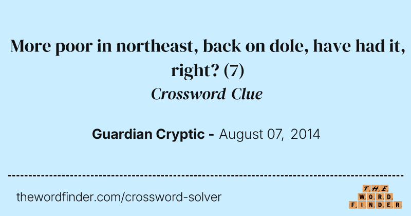More poor in northeast, back on dole, have had it, right? crossword clue image