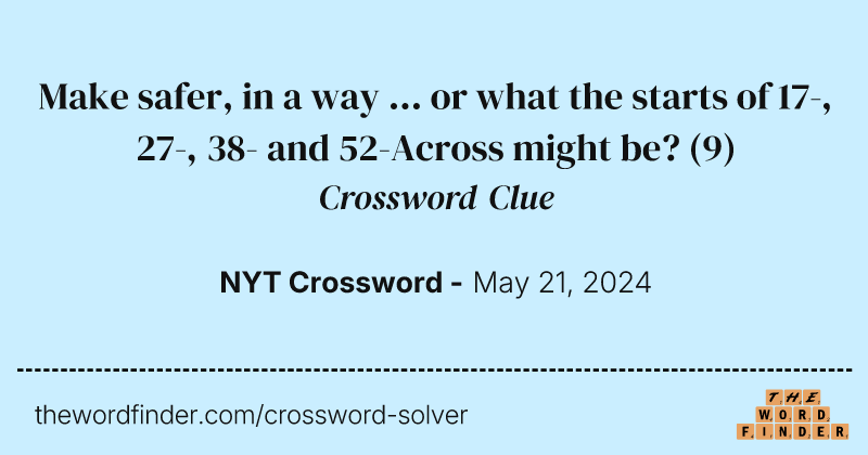 Make safer, in a way ... or what the starts of 17-, 27-, 38- and 52-Across might be? crossword clue image