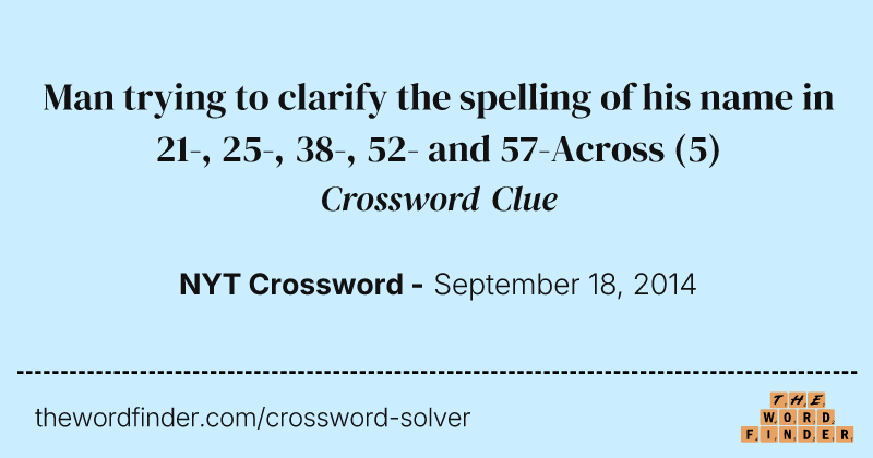 Man trying to clarify the spelling of his name in 21-, 25-, 38-, 52- and 57-Across crossword clue image