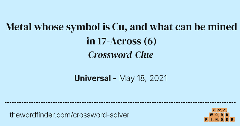 Metal whose symbol is Cu, and what can be mined in 17-Across crossword clue image
