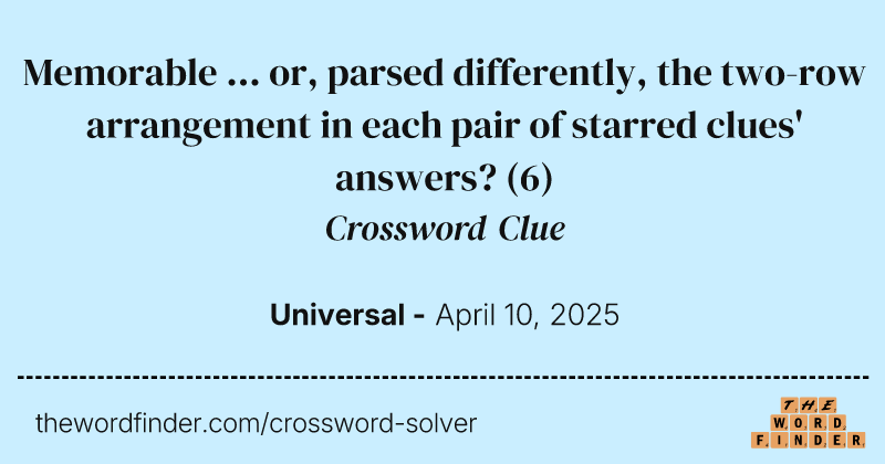 Memorable ... or, parsed differently, the two-row arrangement in each pair of starred clues' answers? crossword clue image