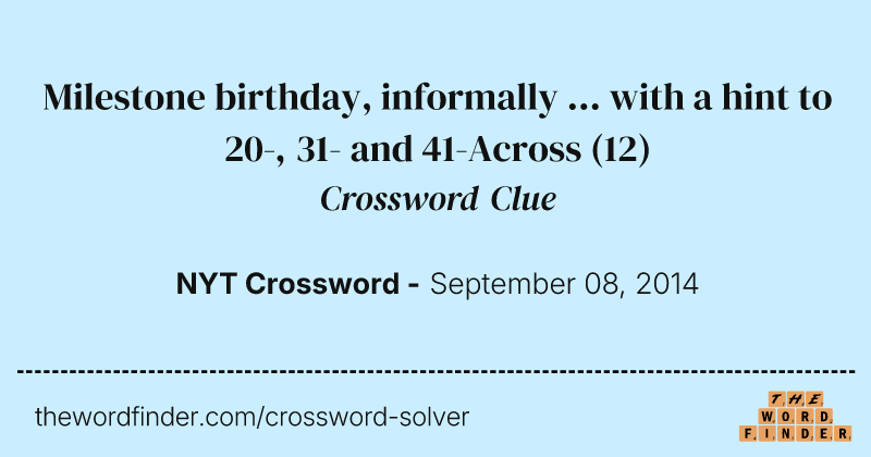 Milestone birthday, informally ... with a hint to 20-, 31- and 41-Across crossword clue image
