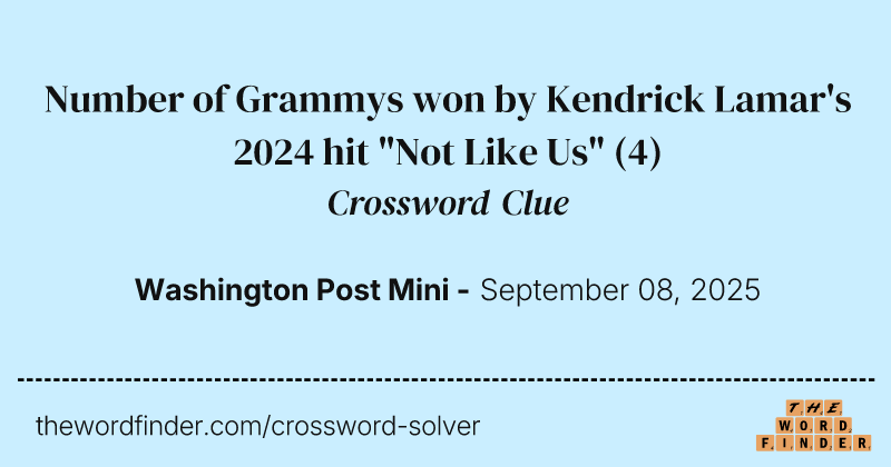 Number of Grammys won by Kendrick Lamar's 2024 hit "Not Like Us" crossword clue image
