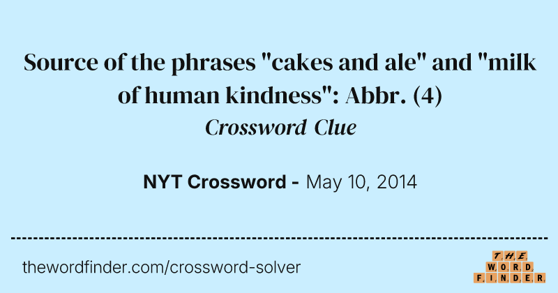 Source of the phrases "cakes and ale" and "milk of human kindness": Abbr. crossword clue image