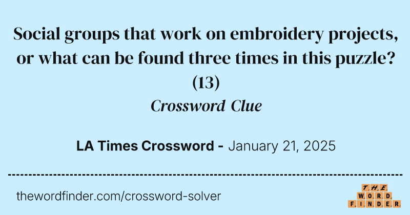 Social groups that work on embroidery projects, or what can be found three times in this puzzle? crossword clue image