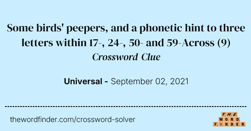 Some birds' peepers, and a phonetic hint to three letters within 17-, 24-, 50- and 59-Across crossword clue image