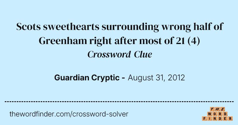 Scots sweethearts surrounding wrong half of Greenham right after most of 21 crossword clue image