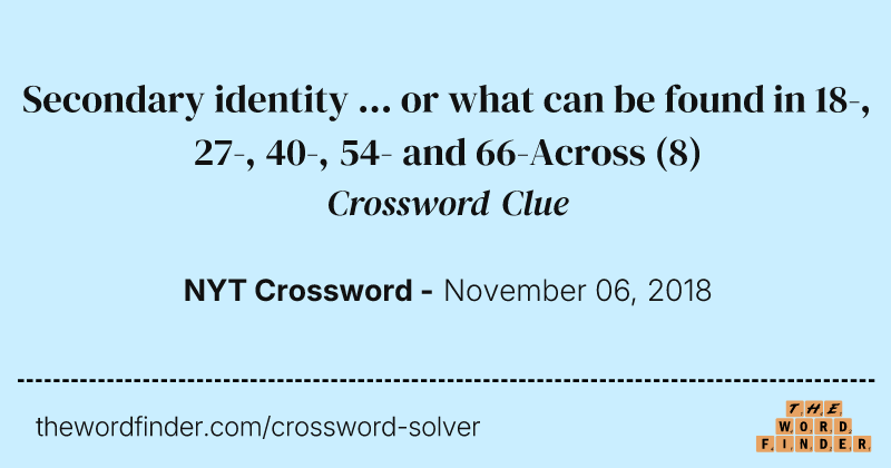 Secondary identity ... or what can be found in 18-, 27-, 40-, 54- and 66-Across crossword clue image
