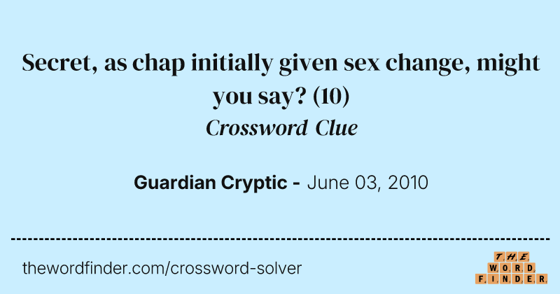 Secret, as chap initially given sex change, might you say? crossword clue image
