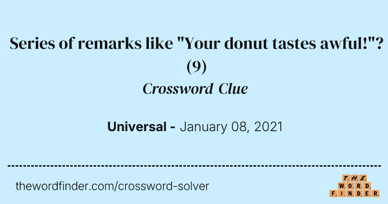Series of remarks like "Your donut tastes awful!"? crossword clue image