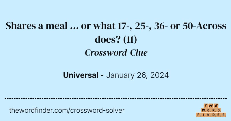 Shares a meal ... or what 17-, 25-, 36- or 50-Across does? crossword clue image