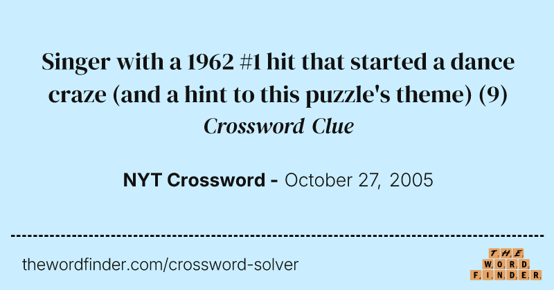 Singer with a 1962 #1 hit that started a dance craze (and a hint to this puzzle's theme) crossword clue image