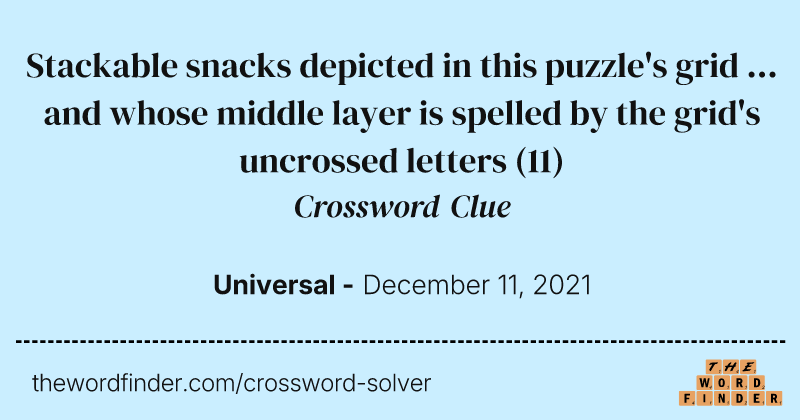 Stackable snacks depicted in this puzzle's grid ... and whose middle layer is spelled by the grid's uncrossed letters crossword clue image