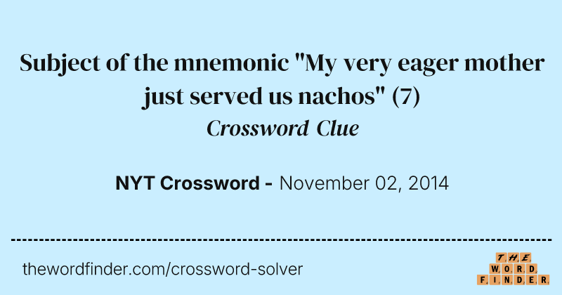 Subject of the mnemonic "My very eager mother just served us nachos" crossword clue image