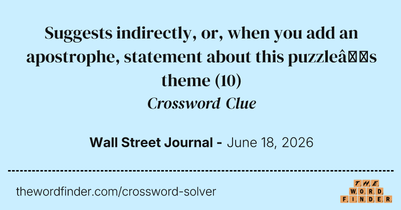 Suggests indirectly, or, when you add an apostrophe, statement about this puzzle’s theme crossword clue image
