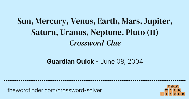 Sun, Mercury, Venus, Earth, Mars, Jupiter, Saturn, Uranus, Neptune, Pluto crossword clue image