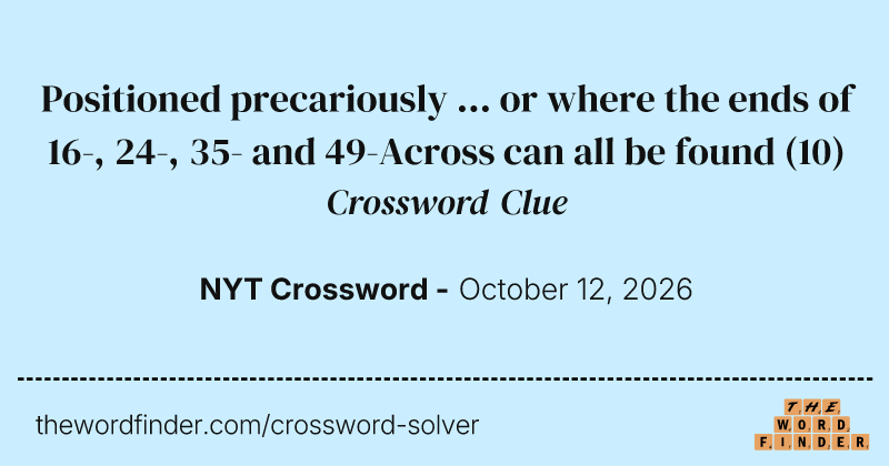 Positioned precariously … or where the ends of 16-, 24-, 35- and 49-Across can all be found crossword clue image