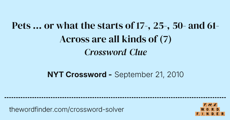 Pets ... or what the starts of 17-, 25-, 50- and 61-Across are all kinds of crossword clue image