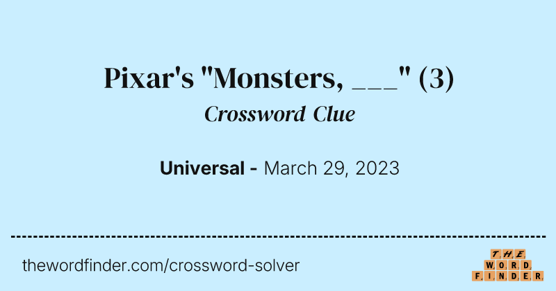 Pixar's "Monsters, ___" crossword clue image