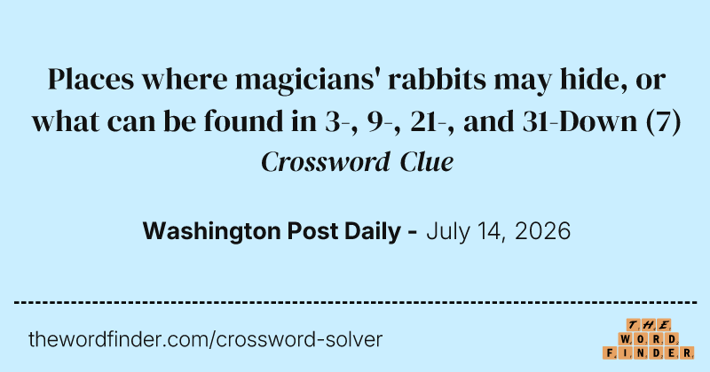 Places where magicians' rabbits may hide, or what can be found in 3-, 9-, 21-, and 31-Down crossword clue image