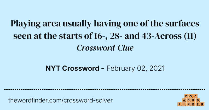 Playing area usually having one of the surfaces seen at the starts of 16-, 28- and 43-Across crossword clue image
