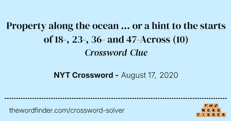 Property along the ocean ... or a hint to the starts of 18-, 23-, 36- and 47-Across crossword clue image