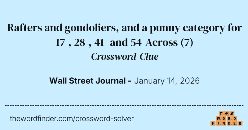 Rafters and gondoliers, and a punny category for 17-, 28-, 41- and 54-Across crossword clue image