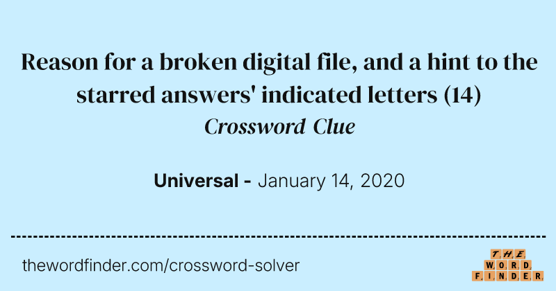 Reason for a broken digital file, and a hint to the starred answers' indicated letters crossword clue image
