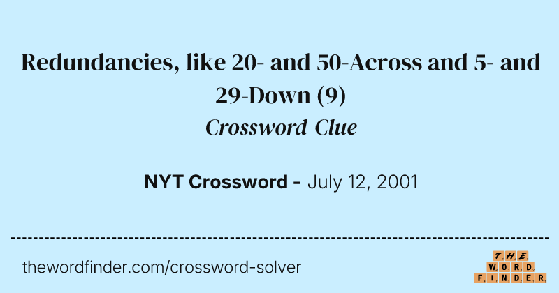 Redundancies, like 20- and 50-Across and 5- and 29-Down crossword clue image