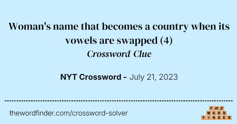 Woman's name that becomes a country when its vowels are swapped crossword clue image