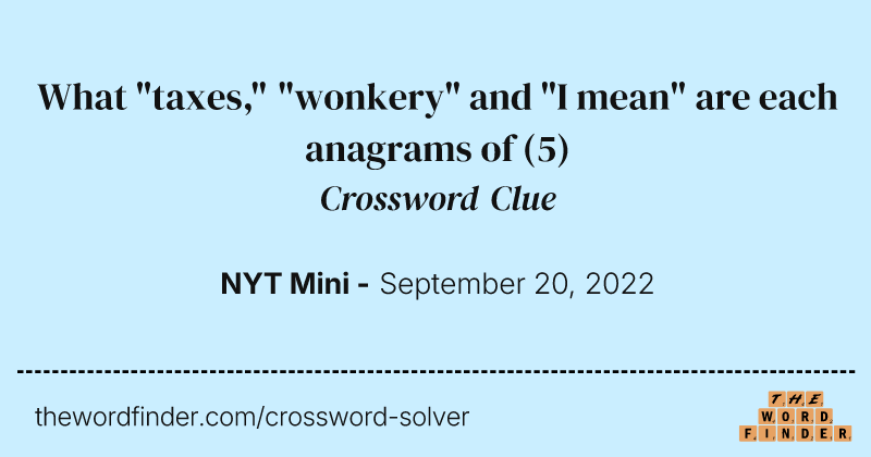 What "taxes," "wonkery" and "I mean" are each anagrams of crossword clue image