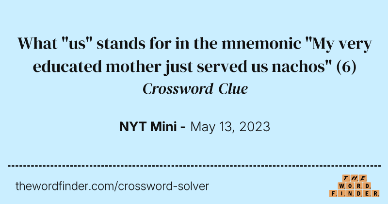 What "us" stands for in the mnemonic "My very educated mother just served us nachos" crossword clue image