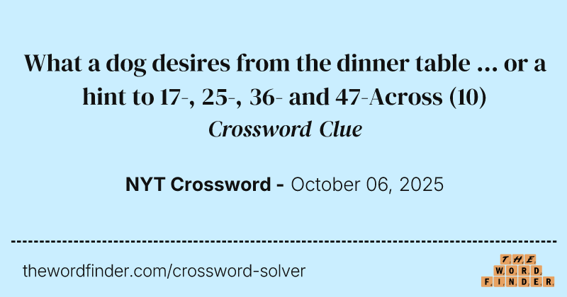 What a dog desires from the dinner table ... or a hint to 17-, 25-, 36- and 47-Across crossword clue image