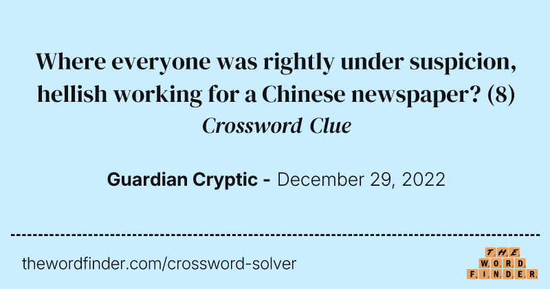 Where everyone was rightly under suspicion, hellish working for a Chinese newspaper? crossword clue image