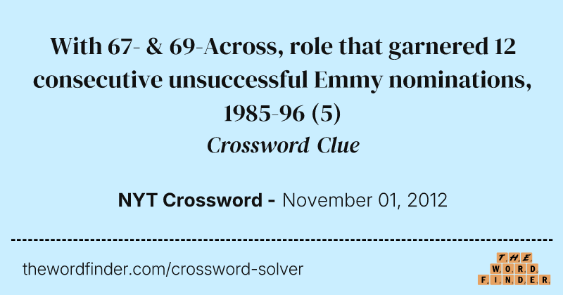 With 67- & 69-Across, role that garnered 12 consecutive unsuccessful Emmy nominations, 1985-96 crossword clue image