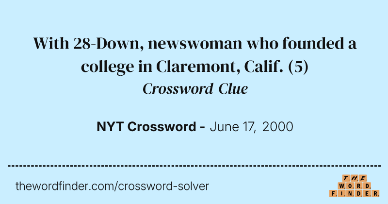 With 28-Down, newswoman who founded a college in Claremont, Calif. crossword clue image