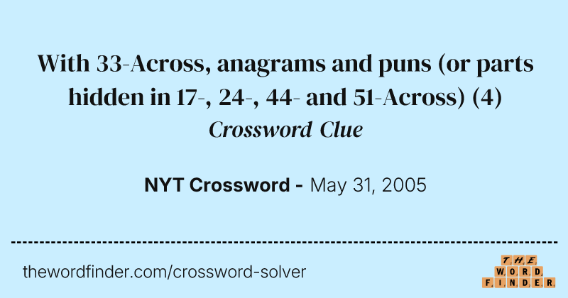With 33-Across, anagrams and puns (or parts hidden in 17-, 24-, 44- and 51-Across) crossword clue image