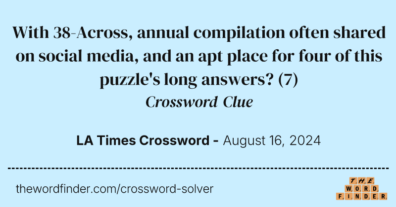 With 38-Across, annual compilation often shared on social media, and an apt place for four of this puzzle's long answers? crossword clue image