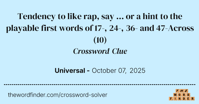 Tendency to like rap, say ... or a hint to the playable first words of 17-, 24-, 36- and 47-Across crossword clue image